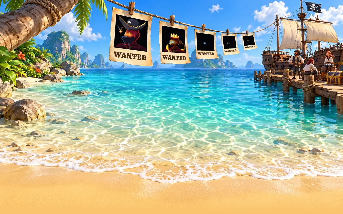 A sunny cove with WANTED posters on a rope: Cinderjaw and Captain Bananas in pixel art, and three posters where only glowing eyes show in the dark. Below them the shallows run up to a sand beach, with a pirate ship moored at the pier