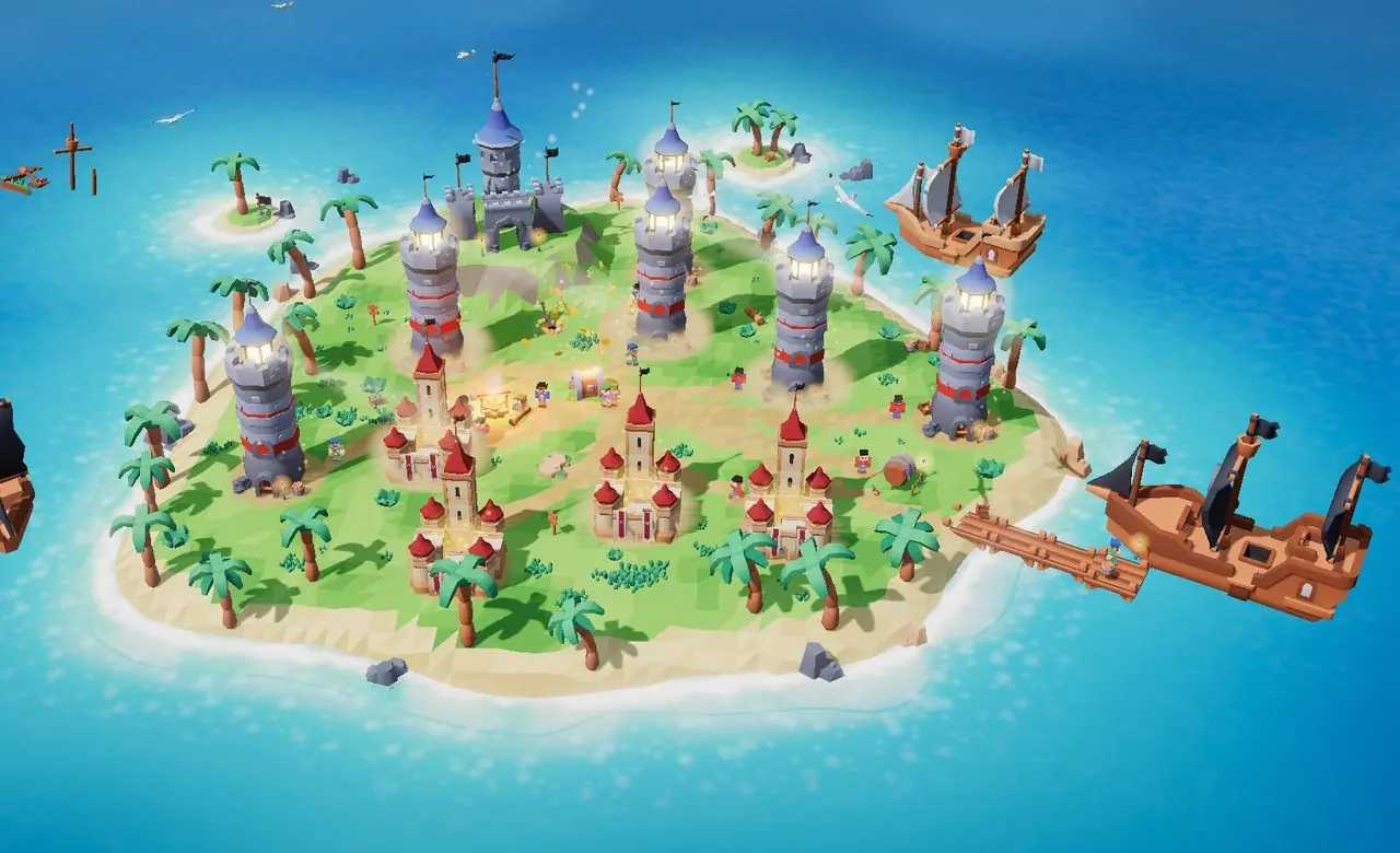 A grown cove with lighthouses, red-roofed castles and a fleet at anchor