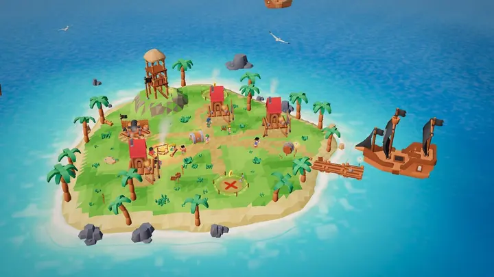 A cove with a lookout tower, cannons and a ship at the dock